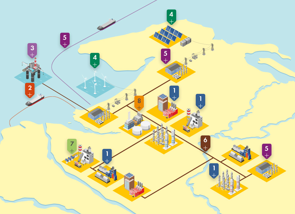 map showing clean energy hub concept with numbered pins