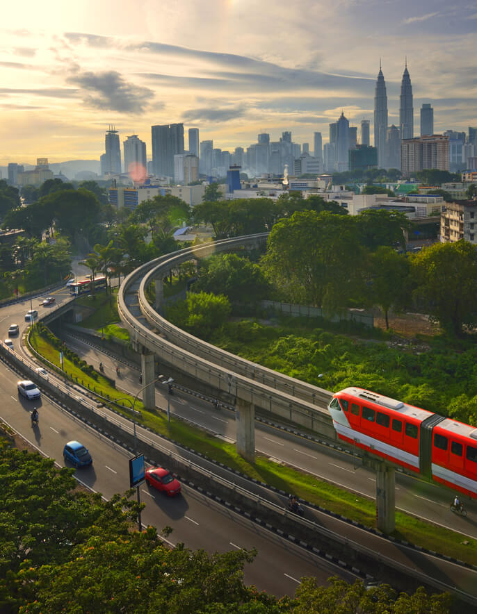 Aerial photo of road with a red train
