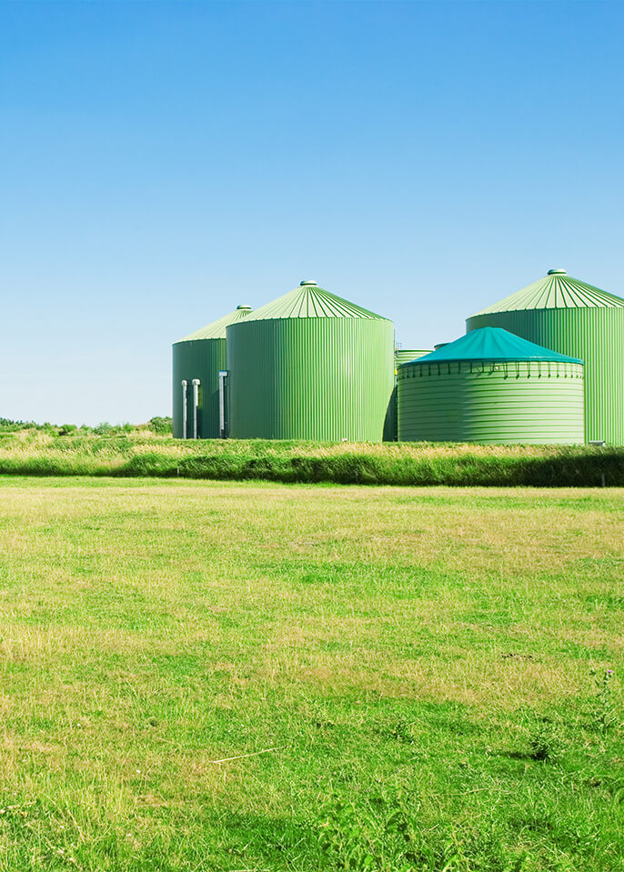 multiple green silos at the edge of a field