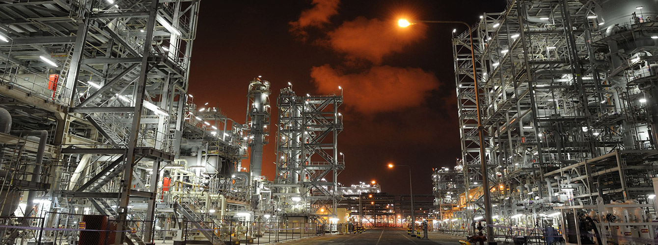 Liquid processing unit at night, Qatar